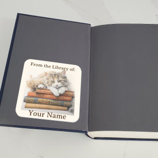 Pegatina Cuadrada Bookplate con gato que se relaja en libros