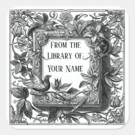 Pegatina Cuadrada Bookplate con pájaro