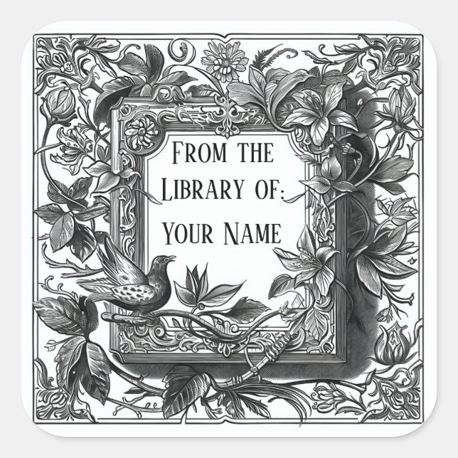 Pegatina Cuadrada Bookplate con pájaro (Anverso)