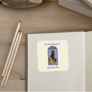 Pegatina Cuadrada Bookplate de gato negro de estilo Art Nouveau