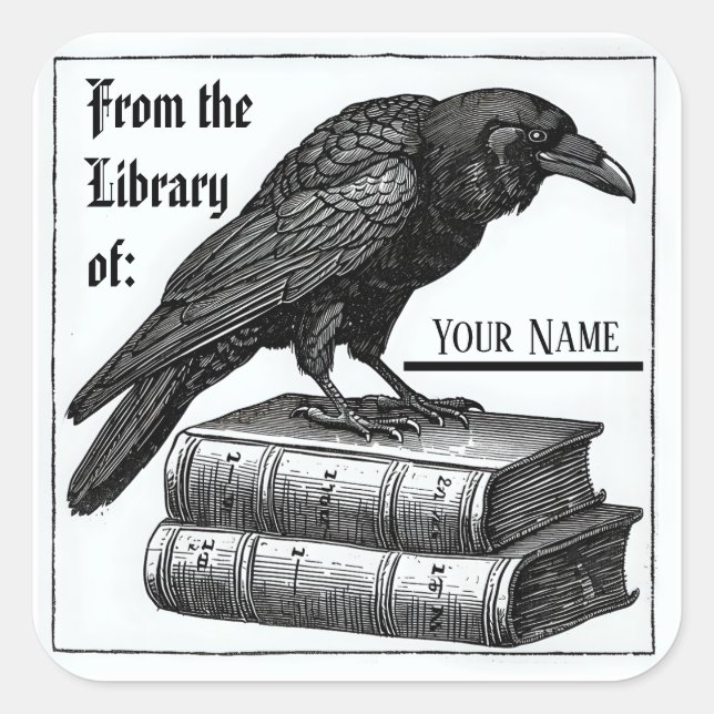 Pegatina Cuadrada Bookplate gótico con Raven (Anverso)