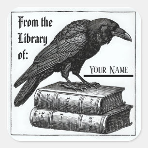 Pegatina Cuadrada Bookplate gótico con Raven