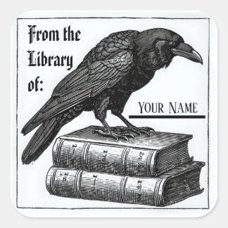 Pegatina Cuadrada Bookplate gótico con Raven