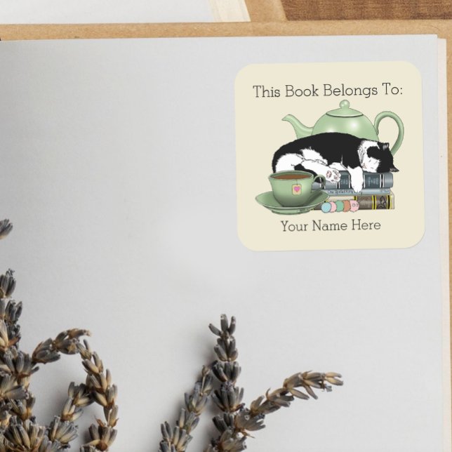 Pegatina Cuadrada Books Cat Tea Cute (Subido por el creador)