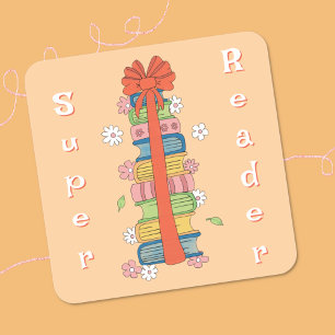 Pegatina Cuadrada Bookstack con Pegatinas de lectores de Super Bow R