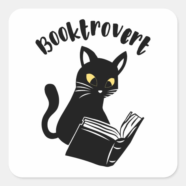 Pegatina Cuadrada Booktrovert cat con libro (Anverso)