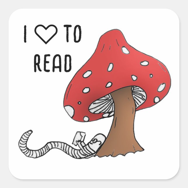 Pegatina Cuadrada Bookworm Under a Mushroom (Anverso)