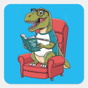 Pegatina Cuadrada Bookwormosaurs rex sentado en un libro de lectura