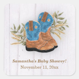 Pegatina Cuadrada Bootie pequeño Cowboy Baby Shower White Wood