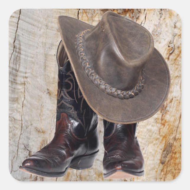 Pegatina Cuadrada Boots de vaquero y Gorra (Anverso)