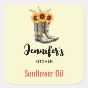 Pegatina Cuadrada Boots rústicos de vaquero con cocina de girasoles