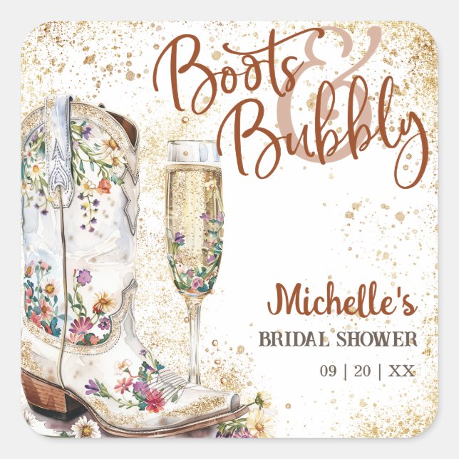Pegatina Cuadrada Boots y Bubbly Western Bride Wild West Country (Anverso)
