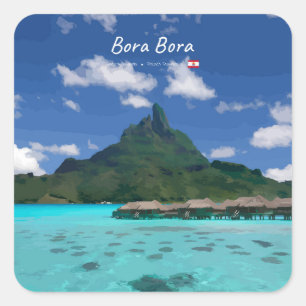 Pegatina Cuadrada Bora Bora, Polinesia Francesa - Resort de Playa