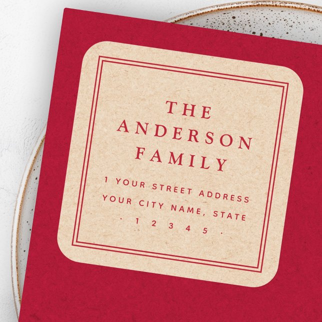 Pegatina Cuadrada Borde de nombre elegante Kraft dirección de retorn (Elegant name border Kraft look return address Square Sticker)