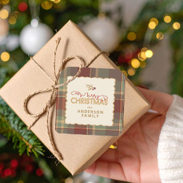 Pegatina Cuadrada Borde de Tartán de Feliz Navidad ID1141A