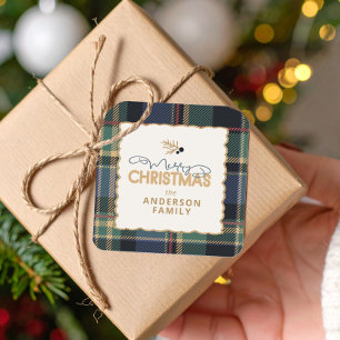 Pegatina Cuadrada Borde de Tartán de Feliz Navidad ID1141B