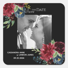 Pegatina Cuadrada Bordeaux Rubor Floral Foto Elegante Acuarela