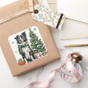 Pegatina Cuadrada Border Collie con bufanda festiva junto al árbol d