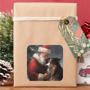 Pegatina Cuadrada Border Collie Con Santa Claus Festivo Navidad