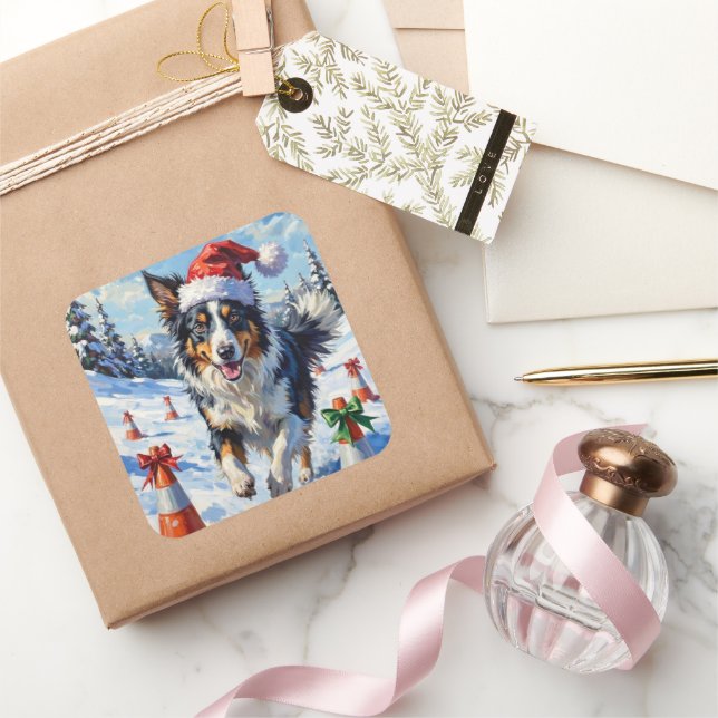 Pegatina Cuadrada Border Collie Dog Christmas Snow Agility Fun (Regalar)