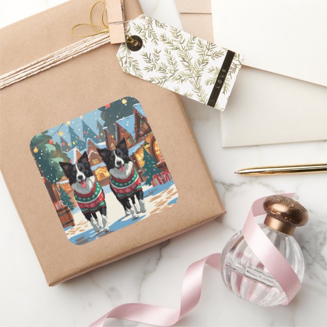 Pegatina Cuadrada Border Collie Dogs Christmas Snow Holiday (Regalar)