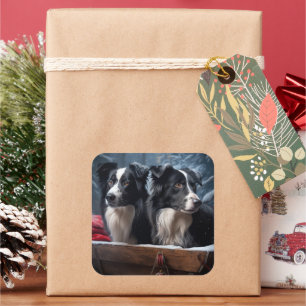 Pegatina Cuadrada Border Collie Nevado Trineo Navidad Decoración 