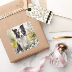 Pegatina Cuadrada Border Collie perro con huevos de Pascua vacacione