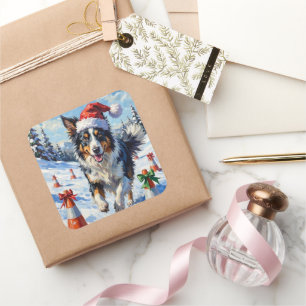 Pegatina Cuadrada Border Collie Perro Navidad Nieve Agilidad Diversi