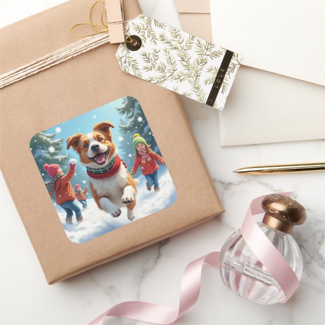 Pegatina Cuadrada Border Terrier Snowball Fight Christmas Painting (Regalar)