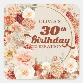 Pegatina Cuadrada Borgoña de moda de cobre rubia floral 30 cumpleaño