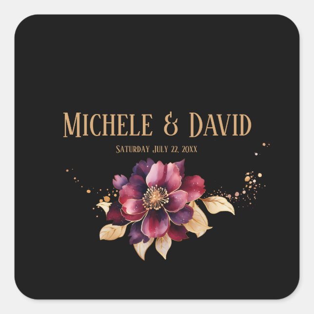 Pegatina Cuadrada Borgoña de oro negro elegante (Anverso)