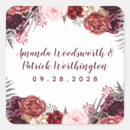 Pegatina Cuadrada Borgoña Marsala Rubor Favor de la Boda Rosa
