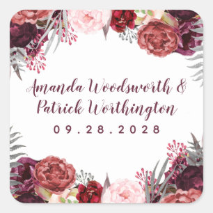 Pegatina Cuadrada Borgoña Marsala Rubor Favor de la Boda Rosa