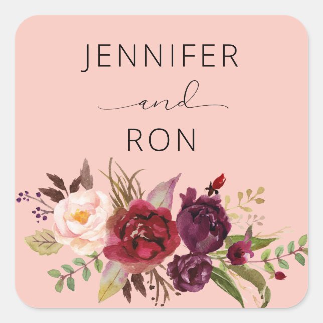 Pegatina Cuadrada Borgoña Marsala y nombre floral rosado - Rosa 2 (Anverso)
