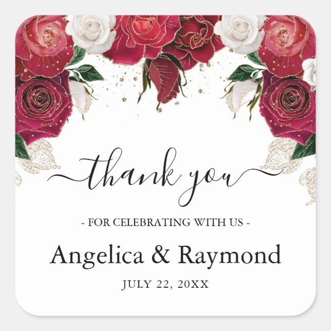 Pegatina Cuadrada Borgoña y la elegante boda blanca gracias (Anverso)