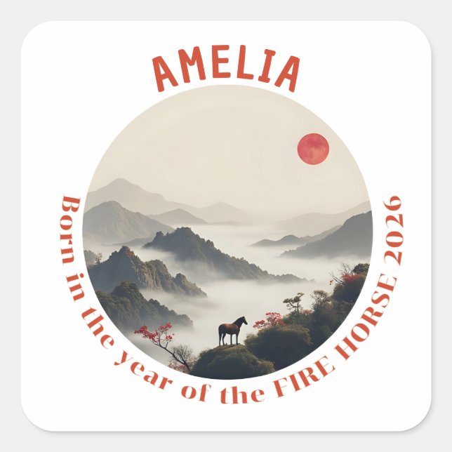 Pegatina Cuadrada Born in Year of the Horse 2026 Chinese Mountain  (Anverso)