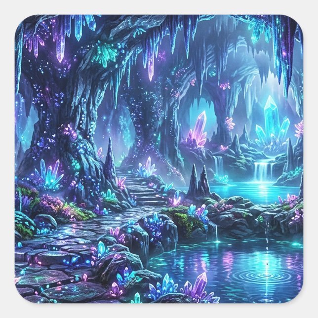 Pegatina Cuadrada Bosque Brillante con Lago (Anverso)