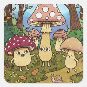 Pegatina Cuadrada Bosque de hongos caprichoso y lindo de bosque