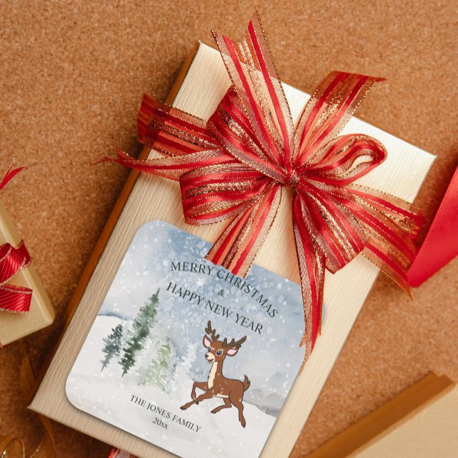 Pegatina Cuadrada Bosque de nieve con Navidades de venados (Subido por el creador)