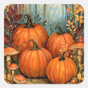 Pegatina Cuadrada Bosque de otoño con calabazas y musas,