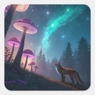 Pegatina Cuadrada Bosque de zorro de fantasía de hongos brillantes a