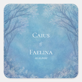 Pegatina Cuadrada Bosque Invernal de Boda con Filigrana Azul Helado