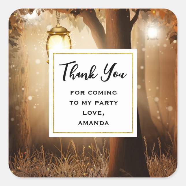 Pegatina Cuadrada Bosque mágico con luces de hadas Fiesta Gracias (Anverso)