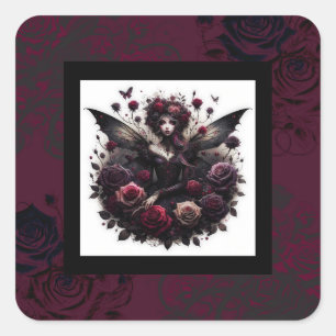 Pegatina Cuadrada Bosque Oscuro Gótico Hada Floral Rosas Burdeos