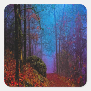 Pegatina Cuadrada Bosque Pintado Niebla Púrpura de Otoño