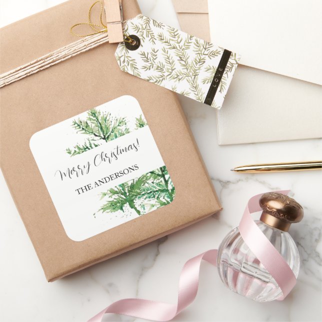 Pegatina Cuadrada Bosque verde acuarela artificial (Regalar)