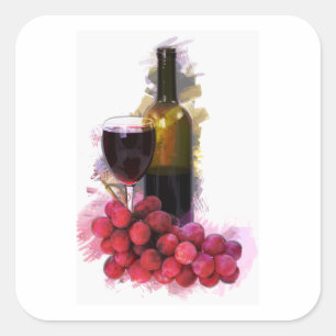 Pegatina Cuadrada Bosquejo del marcador, copa de vino, botella, uvas