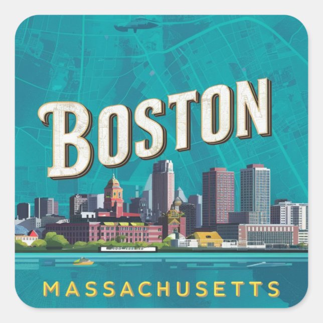 Pegatina Cuadrada Boston, Boston Massachusetts City Skyline con mapa (Anverso)
