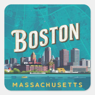 Pegatina Cuadrada Boston, Massachusetts Ciudad Silueta Con Mapa