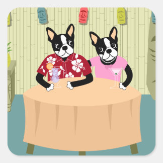 Pegatina Cuadrada Boston Terrier Boy y Chica